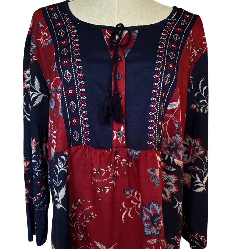 Christopher & Banks Womens XL Red Navy Floral Patchwork Tassel Tie Blouse Top